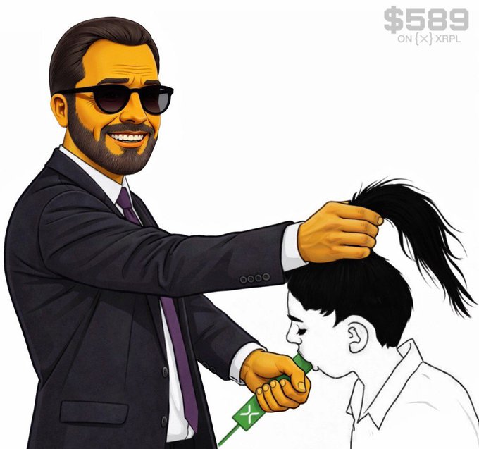 A cartoon illustration showing a man in a suit and sunglasses holding a green XRP (X) bill in the mouth of a kneeling person, with text in the upper right reading '$589 ON (X) XRPL'.