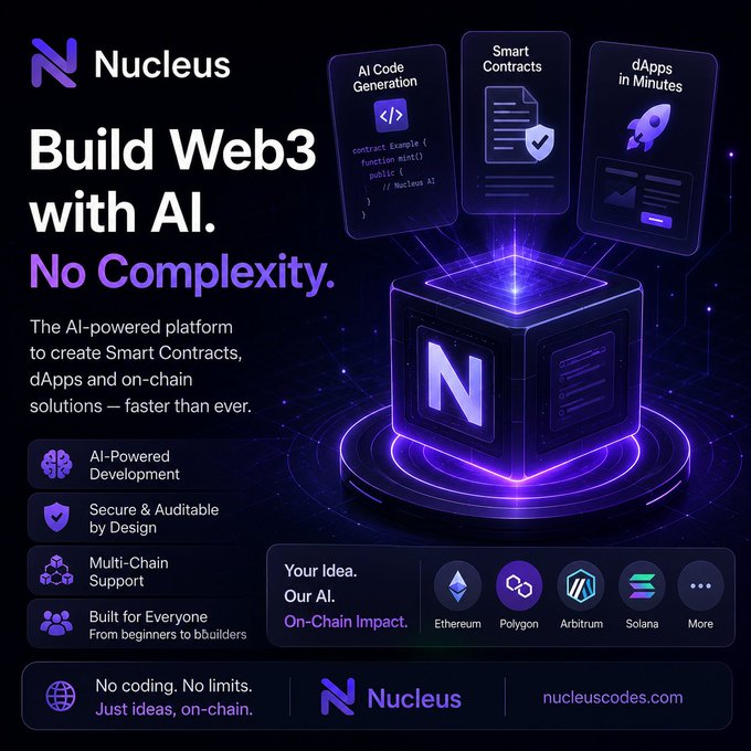 A promotional graphic for 'Nucleus' advertising 'Build Web3 with AI. No Complexity.' as an AI-powered platform for smart contracts and dApps, supporting chains including Ethereum, Polygon, Arbitrum, and Solana, with the URL nucleuscodes.com.