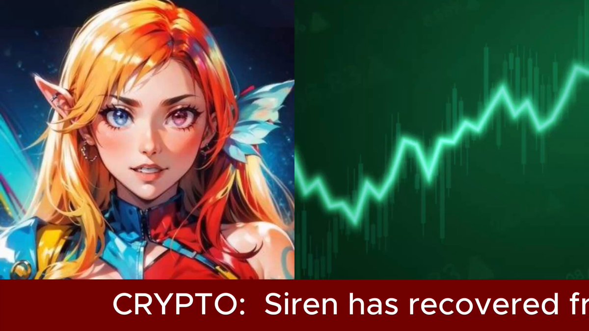 The image features a female character with red hair wearing an orange dress, set against a green background depicting a chart or graph with a steep upward slope. A caption below the image states "Crypto: Siren has recovered fr."