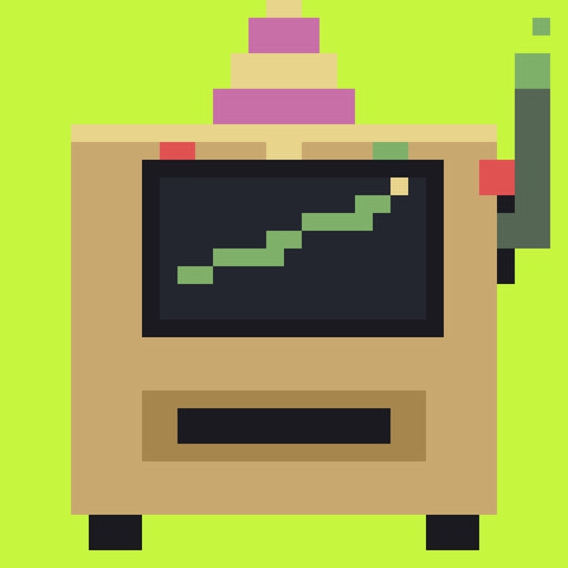 A pixel art illustration of an arcade machine displaying a green staircase pattern on its screen, set against a bright green background.