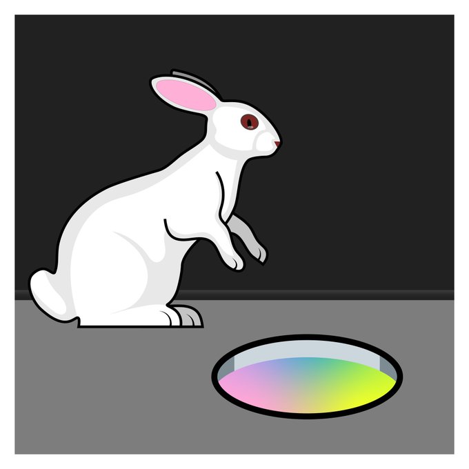 A minimalist illustration of a white rabbit with pink inner ears sitting on a gray floor, looking at a colorful iridescent puddle against a dark background.