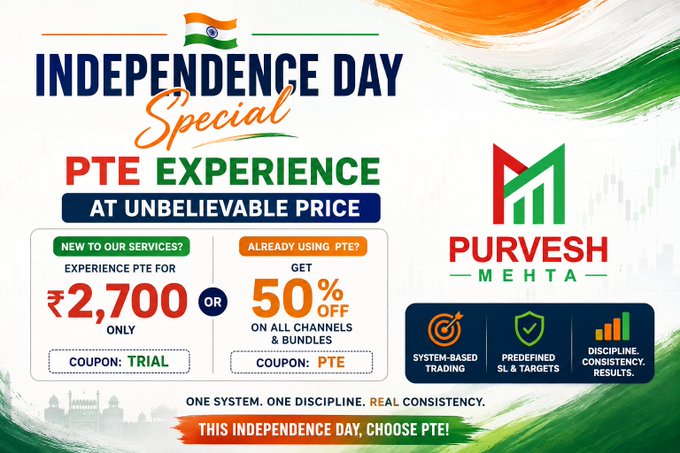 An Independence Day Special promotional banner from Purvesh Mehta offering a PTE Experience for ₹2,700 or 50% off, emphasizing 'One System. One Discipline. Real Consistency.'