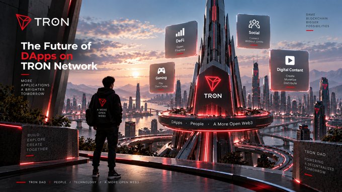 A promotional banner for 'TRON' titled 'The Future of DApps on TRON Network', featuring a futuristic cityscape and icons for DeFi, Social, Gaming, and Digital Content.