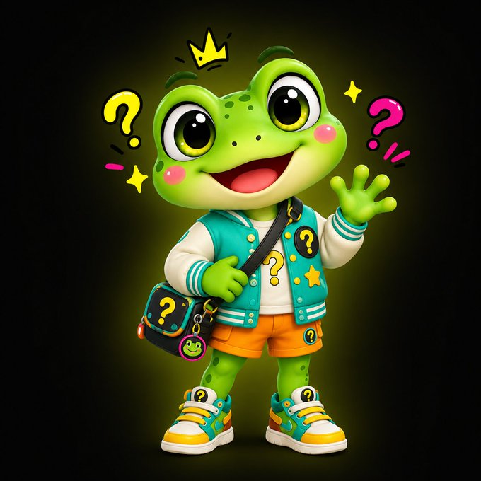 A cheerful 3D-rendered cartoon green frog character wearing a teal varsity jacket and orange shorts, waving hello with question marks floating around it.