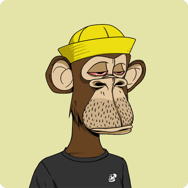 A cartoon illustration of a tired-looking monkey wearing a yellow cap and a black t-shirt with a small white logo.
