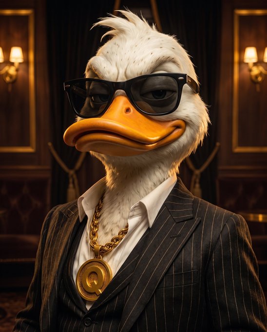 A photorealistic AI-generated image of a white duck wearing sunglasses, a pinstripe suit, and a gold 'Q' chain medallion, posing in a dimly lit, luxurious room.