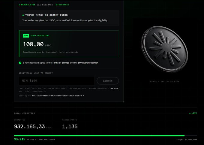 A cryptocurrency interface for the Solana-based project Metaplex shows a wallet commit screen with 'YOU'RE READY TO COMMIT FUNDS', a position of 100.00 USDC, and an image of a SKR coin.