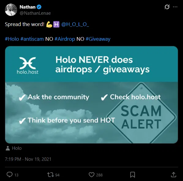 A tweet from @NathanLenae warning that "Holo NEVER does airdrops / giveaways" with a scam alert graphic for holo.host featuring the text "#Holo #antiscam NO #Airdrop NO #Giveaway" and bullet points advising users to "Ask the community," "Check holo.host," and "Think before you send HOT."