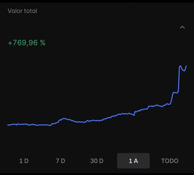 A 1-year portfolio performance chart shows a +769.96% return, displayed in Spanish with "Valor total" (Total value) at the top and time filters (1D, 7D, 30D, 1A, TODO) at the bottom. The upward-trending blue line sharply contradicts the "Permabear" (permanently bearish) sentiment suggested by the post, illustrating strong gains rather than losses.