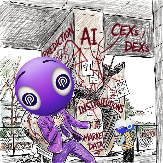 A mixed-media artwork combining a pencil sketch of a figure with a purple Polkadot (DOT) logo for a head, standing before a box labeled with 'AI', 'CEXs/DEXs', 'PREDICTION', 'INSTRUCTIONS', and 'MARKET DATA'.