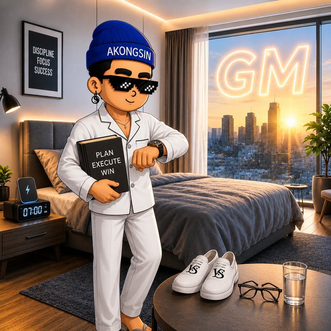 A cartoon-style illustration shows a character wearing a blue beanie reading 'AKONGSIN' and pixelated sunglasses, holding a book titled 'PLAN EXECUTE WIN' in a bedroom with a glowing 'GM' neon sign.