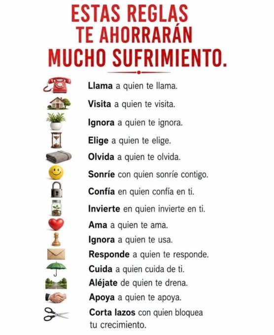 A Spanish-language infographic titled "ESTAS REGLAS TE AHORRARÁN MUCHO SUFRIMIENTO" (These rules will save you much suffering), listing life advice paired with icons, such as "Llama a quien te llama" (Call those who call you), "Ama a quien te ama" (Love those who love you), and "Corta lazos con quien bloquea tu crecimiento" (Cut ties with those who block your growth). The "#hive" hashtag relates to the post's theme of community, reflecting the image's emphasis on reciprocal relationships and mutual support.