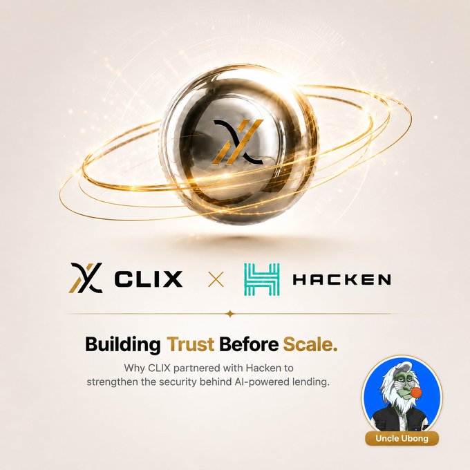 Partnership announcement graphic for "CLIX x HACKEN" titled "Building Trust Before Scale," explaining why CLIX partnered with Hacken to strengthen security for AI-powered lending.