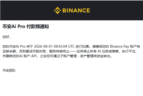 A notification email from Binance in Chinese about '币安Ai Pro 付款预通知' warning that the subscription will be deducted on 2026-08-01 08:43:04 UTC from the user's Binance Pay account and will be terminated if funds are insufficient.