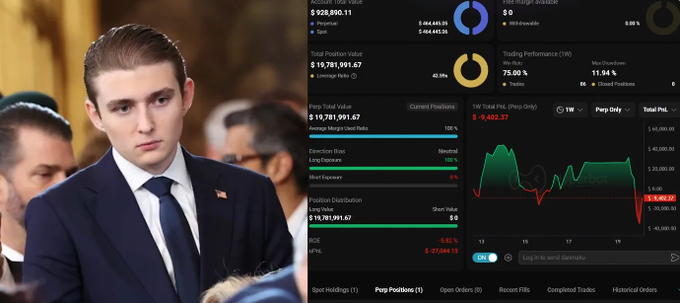 A young man in a suit is pictured alongside a trading platform screen showing a position with a -5.02% return and Trading Performance stats.