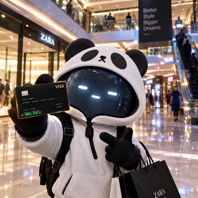 A character in a panda-themed hoodie with a glossy black helmet holds up a black VISA credit card while carrying ZARA shopping bags inside a shopping mall with a 'Better Style Bigger Dreams' banner.