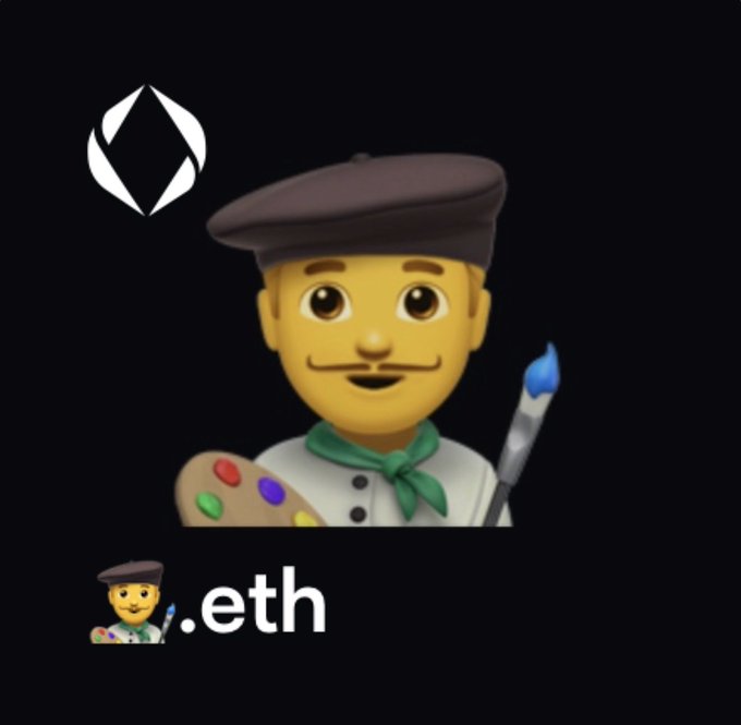 A cartoonish artist character with a beret, mustache, and paintbrush alongside the ENS logo and the text '.eth' on a black background.