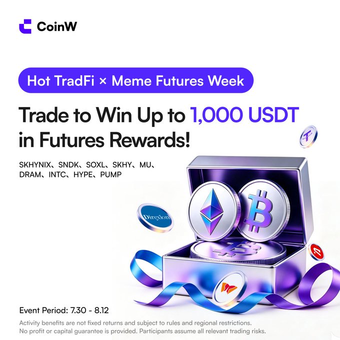 CoinW cryptocurrency ad for 'Hot TradFi x Meme Futures Week' offering up to 1,000 USDT in rewards, listing tickers SKHYNIX, SNDK, SOXL, SKHY, MU, DRAM, INTC, HYPE, PUMP, with event period 7.30 - 8.12.