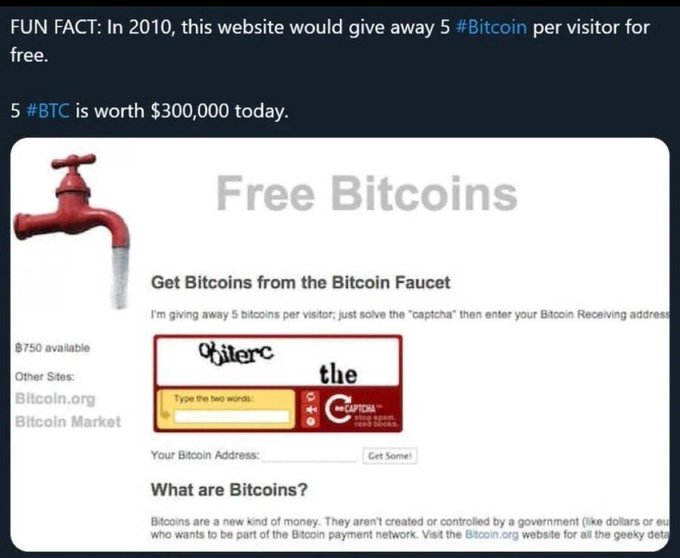 A screenshot of Gavin Andresen's "Free Bitcoins" faucet website shows a Bitcoin faucet page offering 5 BTC per visitor for solving a captcha and entering a Bitcoin receiving address, with text noting this amount is worth $300,000 today.
