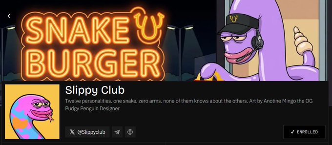 A social media profile for 'Slippy Club' featuring a neon 'SNAKE U BURGER' sign and the description 'Twelve personalities, one snake, zero arms, none of them knows about the others. Art by Anotine Mingo the OG Pudgy Penguin Designer.'