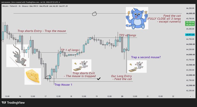 A TradingView chart of Bitcoin/TetherUS (BTCUSDT) on Binance displays a 2-hour candlestick analysis around July 30, 2026, annotated with playful "cat and mouse" trading strategy markings including "Trap Mouse 1," "Trap shorts Entry," "TP1 of longs," and "TP2 of longs" at the 64,900-65,000 resistance level. The post confirms the "second mouse is trapped" at the 64.8k-65k resistance zone, noting that the wick on the spot pair signals readiness for higher prices according to the poster's trap-and-feed strategy.
