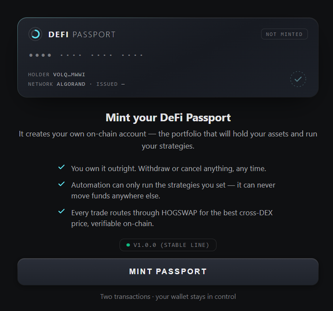 A dark-themed interface for minting a "DeFi Passport" on the Algorand network, showing the holder "VOLQ_MWWI" and a "MINT PASSPORT" button at the bottom.