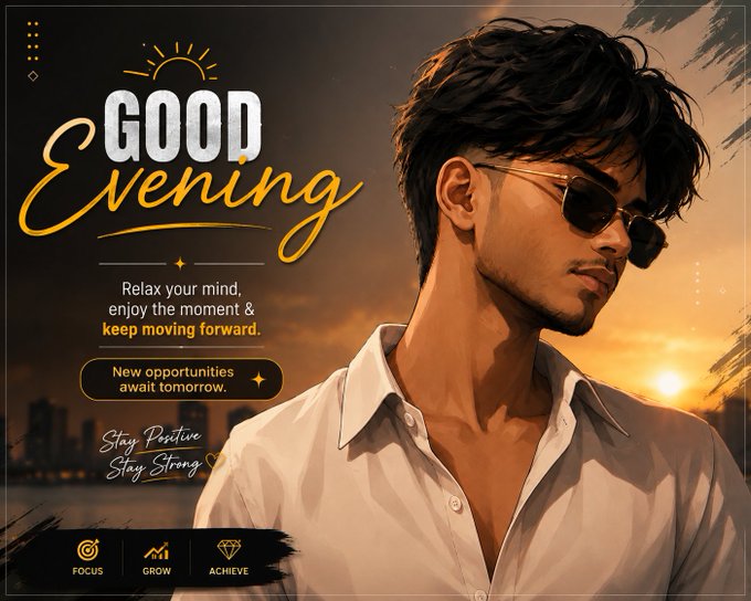 A 'Good Evening' motivational graphic featuring an illustrated young man wearing sunglasses, with text advising to 'Relax your mind, enjoy the moment & keep moving forward.'