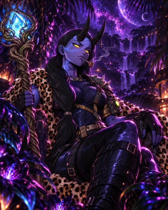 Digital fantasy artwork portrays a horned, purple-skinned demon woman with yellow eyes smoking a cigar, seated on a leopard-print throne beneath a night sky.
