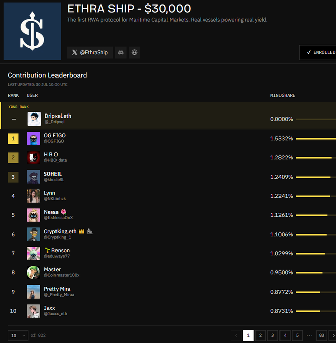 A screenshot of a 'Contribution Leaderboard' for 'ETHRA SHIP - $30,000', billed as 'The first RWA protocol for Maritime Capital Markets,' ranking users like 'OG FIGO', 'H B O', and 'SOHEIL' by mindshare percentage.