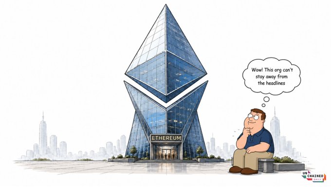 The image features a man sitting next to a building, which appears to be an unusual architectural structure shaped like a triangle or diamond, resembling the Ethereum logo. The man is contemplating his current situation while gazing at the building with a thought bubble above his head containing an optimistic message that says "Whew! That too can't stay away from me". This scene is related to a post about Etherium in which the man is contemplating whether he should invest in it or not. It seems like there's some sort of discussion about cryptocurrency and investing, with the man possibly pondering the potential benefits or risks associated with such an investment.