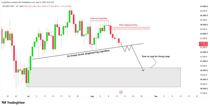 TradingView candlestick chart for BTCUSDT on Coinbase featuring technical analysis annotations including 'Internal Liquidity', 'Short Opportunity', 'Un-Swept levels (Engineering Liquidity)', and a 'Zone to Look for Swing Longs'.