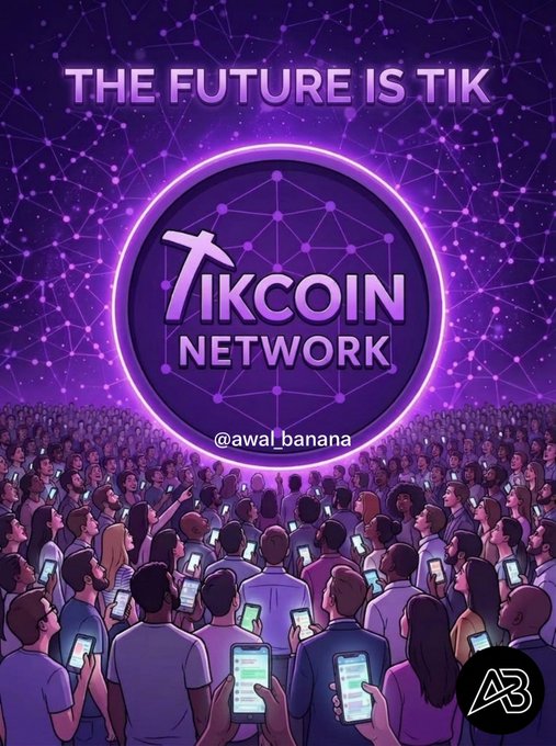 The image shows a large crowd holding glowing smartphones in a purple-lit space, looking up at a central "TikCoin Network" logo beneath the text "THE FUTURE IS TIK," with "@awal_banana" and "AB" watermarks visible. It visually reinforces the post's message of community-driven building and winning together by depicting a unified mass of users powered by the Tikcoin Network and Tikchain.