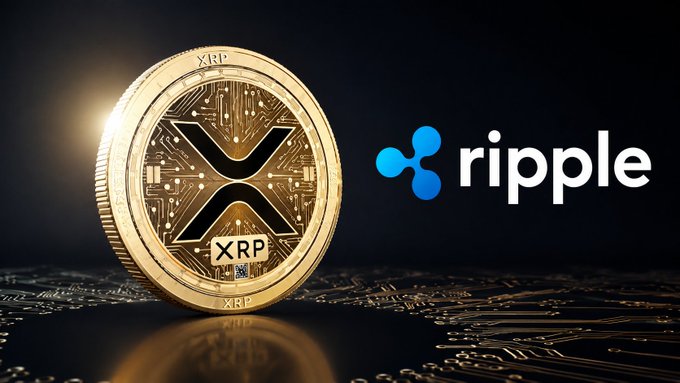A gold XRP cryptocurrency coin displayed next to the blue Ripple logo on a dark background with a circuit board pattern.
