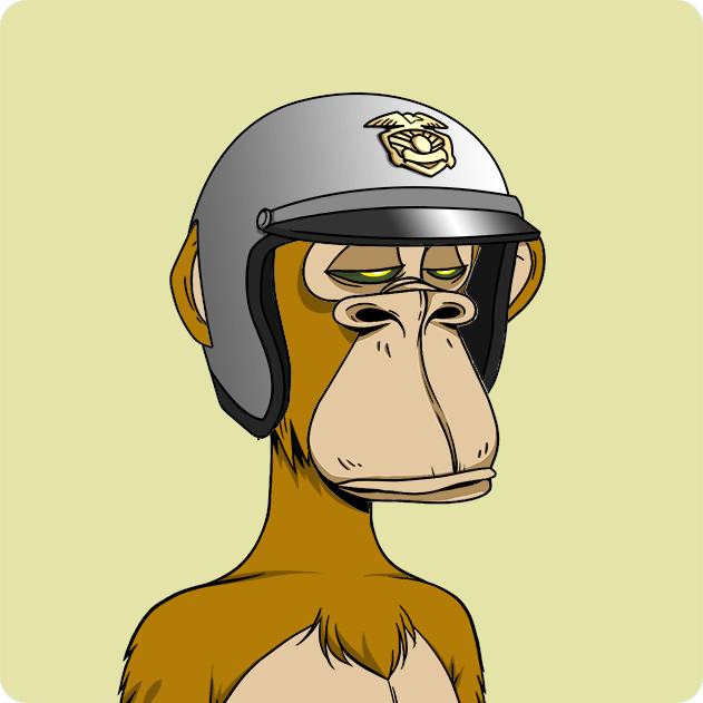 A cartoon illustration of a Bored Ape-style monkey wearing a gray helmet with a yellow bee logo, set against a pale yellow background.