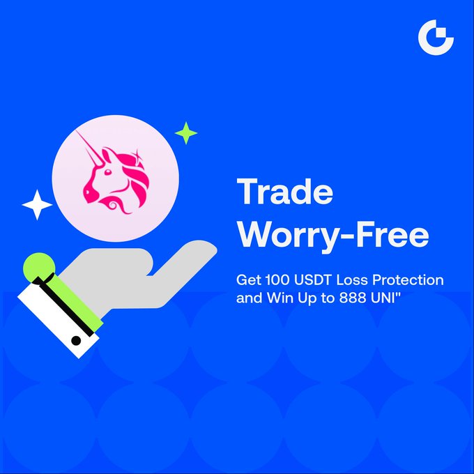 A blue promotional graphic for futures trading shows a unicorn logo and the headline “Trade Worry-Free,” with an offer of “100 USDT Loss Protection” and up to “888 UNI.” It advertises first-trade loss compensation and rewards tied to cumulative futures trading.