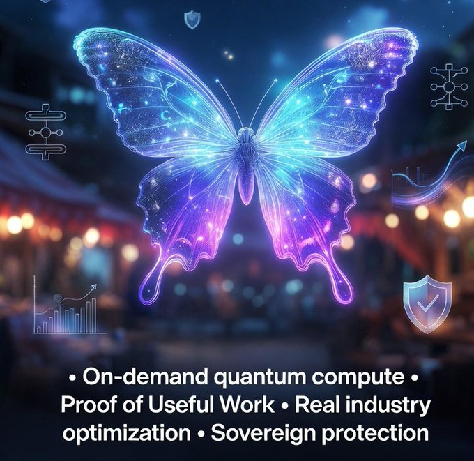 The image features a butterfly with blue, purple, and pink colors, which appears to be floating or hovering above an advertisement for Quantum computing. The butterfly is surrounded by various symbols and logos related to Quantum computing, such as a shield and a shield with a sword. The background of the image shows a city street at night, adding depth and context to the scene.