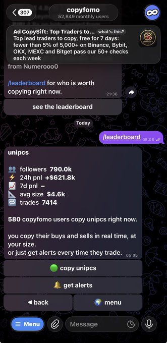 A screenshot of the CopyFomo Telegram bot showing a leaderboard with 'Numeroooo' at the top and details for 'unipcs' with 790.0k followers and $621.8k 24h PnL, including options to copy trades or get alerts.