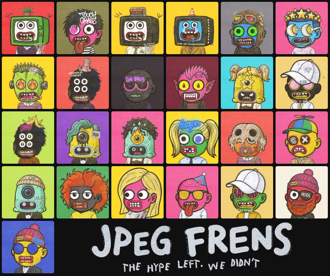 The album cover for 'JPEG FRENS - The Hype Left, We Didn't' featuring a grid of colorful, quirky cartoon zombie-like character portraits.
