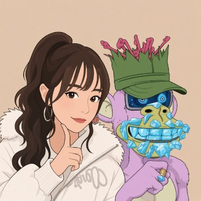 An anime-style illustration shows a smiling young woman with long dark hair in a ponytail standing next to a purple character wearing a green hat and holding blue crystal teeth.