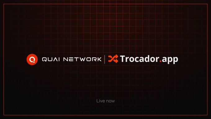 The image is a promotional graphic with a dark grid background, displaying the logos and text "QUAI NETWORK | Trocador.app" in red and white, along with a "Live now" announcement at the bottom—visually marking the new listing of QUAI on the Trocador exchange platform as mentioned in the post.