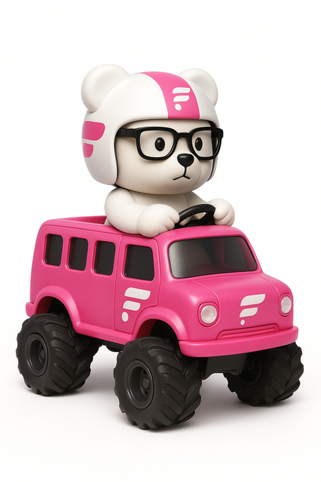 A 3D-rendered toy figure of a white bear character wearing a pink and white helmet with black-rimmed glasses, sitting behind the wheel of a bright pink monster truck.