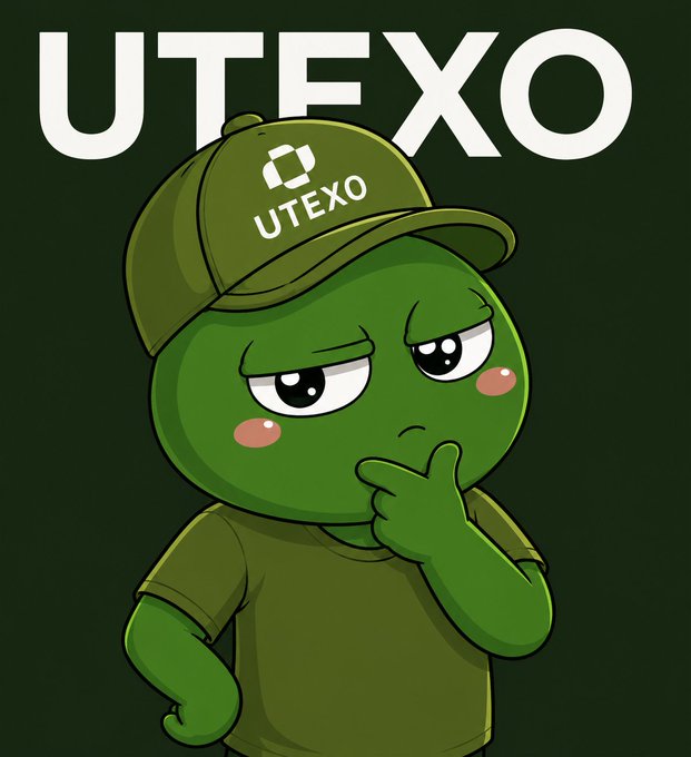 A cartoonish green character wearing a cap and t-shirt, both branded with the 'UTEXO' logo, posed in a thinking gesture with a large 'UTEXO' text logo above it.
