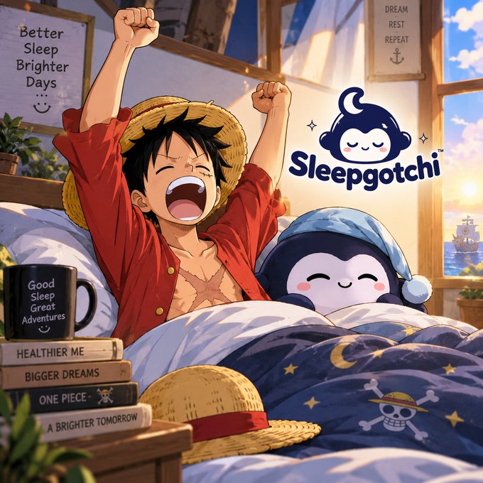 An anime-style illustration of a young boy in a straw hat and red shirt yawning and stretching in bed alongside a cute Sleepgotchi mascot character, with various 'One Piece' themed motivational texts and books visible.