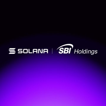 The image displays the logos of "SOLANA" and "SBI Holdings" side by side against a dark background with a purple gradient glow, visually representing the new partnership mentioned in the post about SBI choosing Solana over XRP.