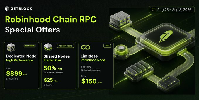 GetBlock is promoting discounted Robinhood Chain RPC services through September 8, 2026, including a Best Offer Dedicated High Performance Node at $899/month, a 50%-off Shared Starter Plan at $25/month for new users, and a new Limitless Robinhood Node with fixed RPS from $150/month.