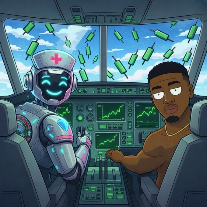 A cartoon-style image shows a futuristic nurse robot and a man in a cockpit surrounded by flying green candlestick charts, with the control panels also displaying upward-trending graphs, symbolizing the crypto market's bullish momentum.

The image visually reinforces the post's message by depicting the man overlooking opportunities (the green candles) right outside his window—mirroring how crypto investors miss profitable campaigns simply because they assume the moment has passed, even when gains are visibly unfolding before them.