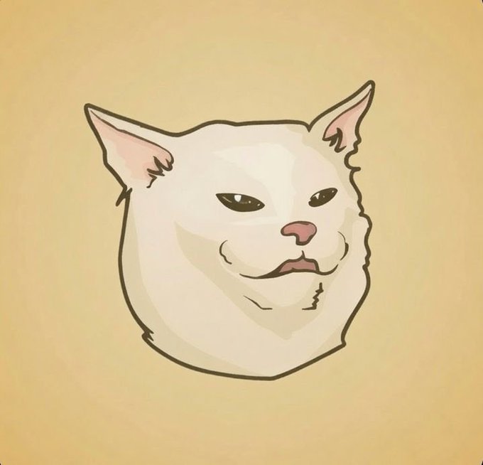 An illustration of a white cat with a slightly smug, sleepy expression, set against a plain beige background.