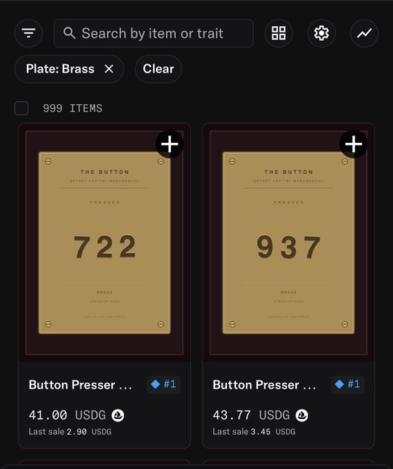 A marketplace listing for "The Button" NFT collection by NetNet Capital Management, displaying brass plate variants priced at 41.00 and 43.77 USDG with button presser numbers 722 and 937. The image shows secondary market sales for the brass tier (first 999 minted), supporting the post's observation that brass buttons are selling for around $40, with these specific serial numbers indicating when each holder pressed the button for $1.