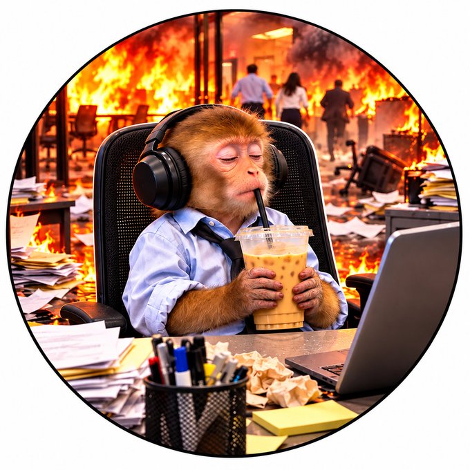 An AI-generated image of a monkey in business attire wearing headphones, sipping bubble tea at a laptop while its office burns behind it.