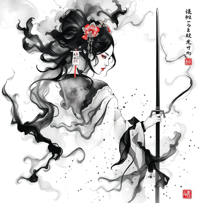 A black and white digital illustration of a pale woman with flowing dark hair, red floral hair ornaments, and red eye makeup, holding a long spear, accompanied by Asian calligraphy and red seal stamps.